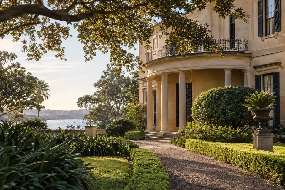 Generated editorial illustration of a classical harbourside house with garden and harbour glimpse, inspired by Elizabeth Bay House.