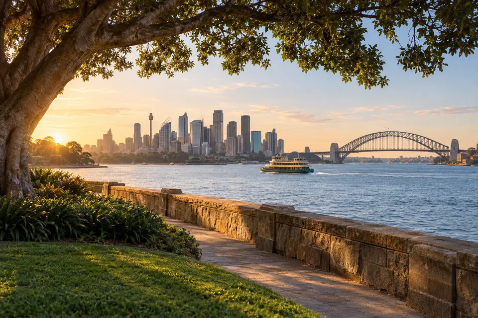 Generated editorial illustration of a calm Sydney harbour-side city view.