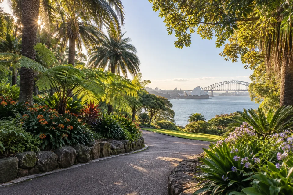 Generated editorial illustration of a botanical garden path with a harbour view.