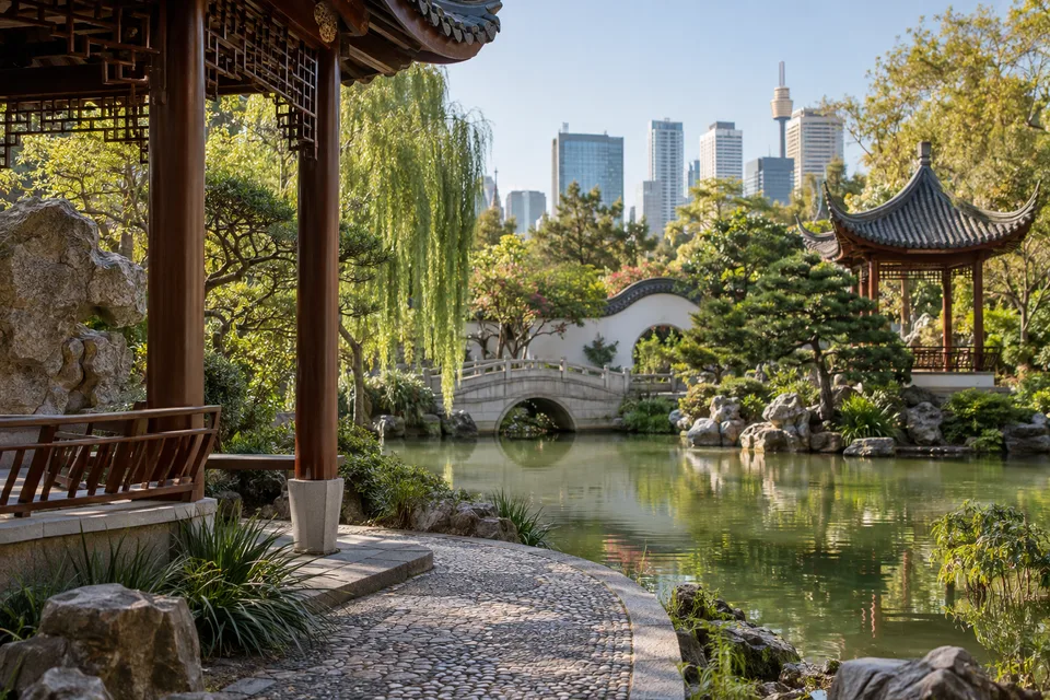 Generated editorial illustration of a walled Chinese-style garden with pavilion, planting and water in central Sydney.