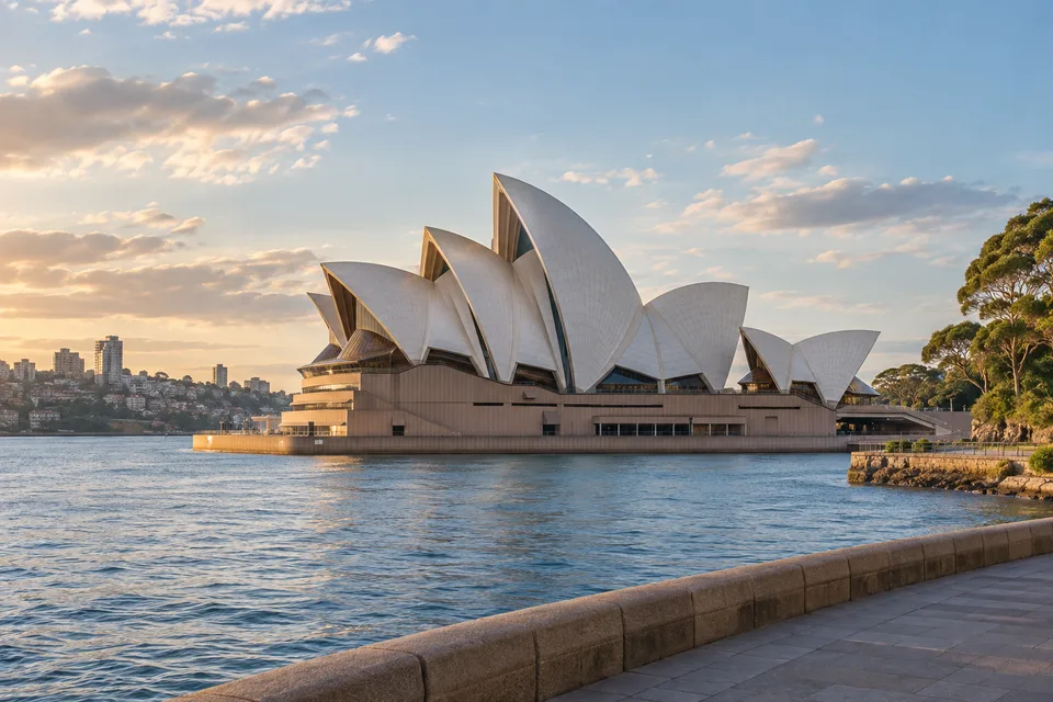 Generated editorial illustration of Sydney Opera House on Sydney Harbour.