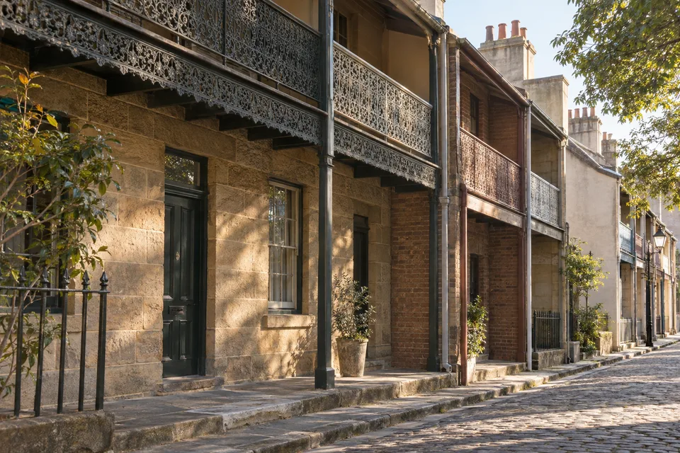 Generated editorial illustration of historic Sydney terrace houses.
