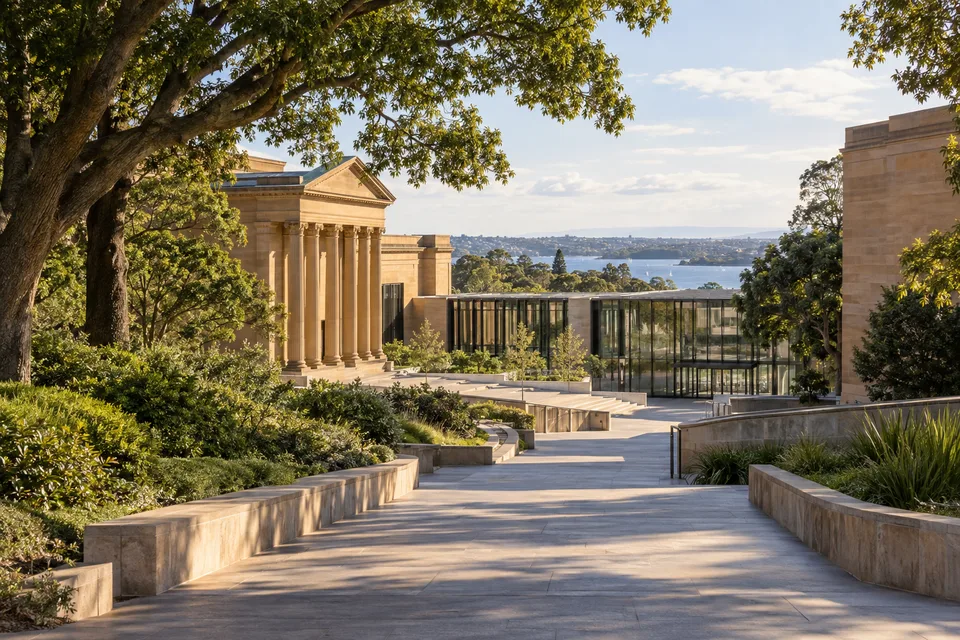 Generated editorial illustration of sandstone and glass Art Gallery of New South Wales buildings among mature Domain trees.