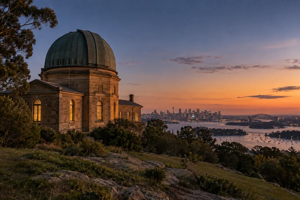 Generated editorial illustration of a heritage observatory above Sydney Harbour.