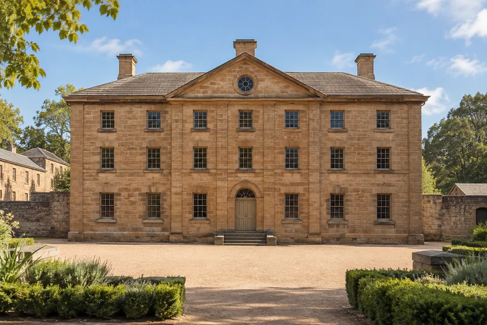 Generated editorial illustration of a sandstone historic barracks in a civic square, inspired by Hyde Park Barracks.