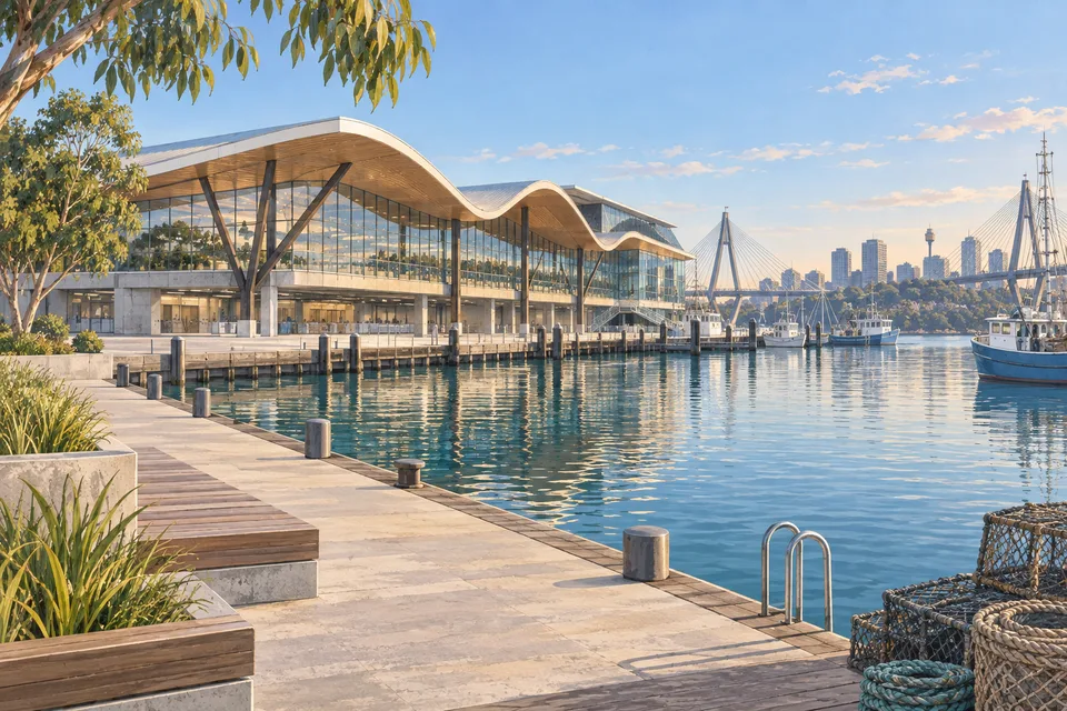 Generated editorial illustration of a waterfront market at Blackwattle Bay.